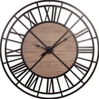 59" Black And Brown Metal and Solid Wood Skeleton Circle Wall Clock  Warm Home View