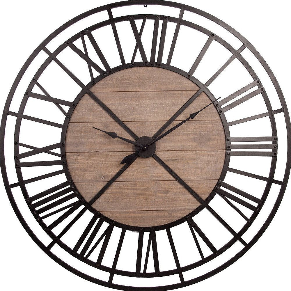 59" Black And Brown Metal and Solid Wood Skeleton Circle Wall Clock  Warm Home View