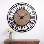 59" Black And Brown Metal and Solid Wood Skeleton Circle Wall Clock  Warm Home View