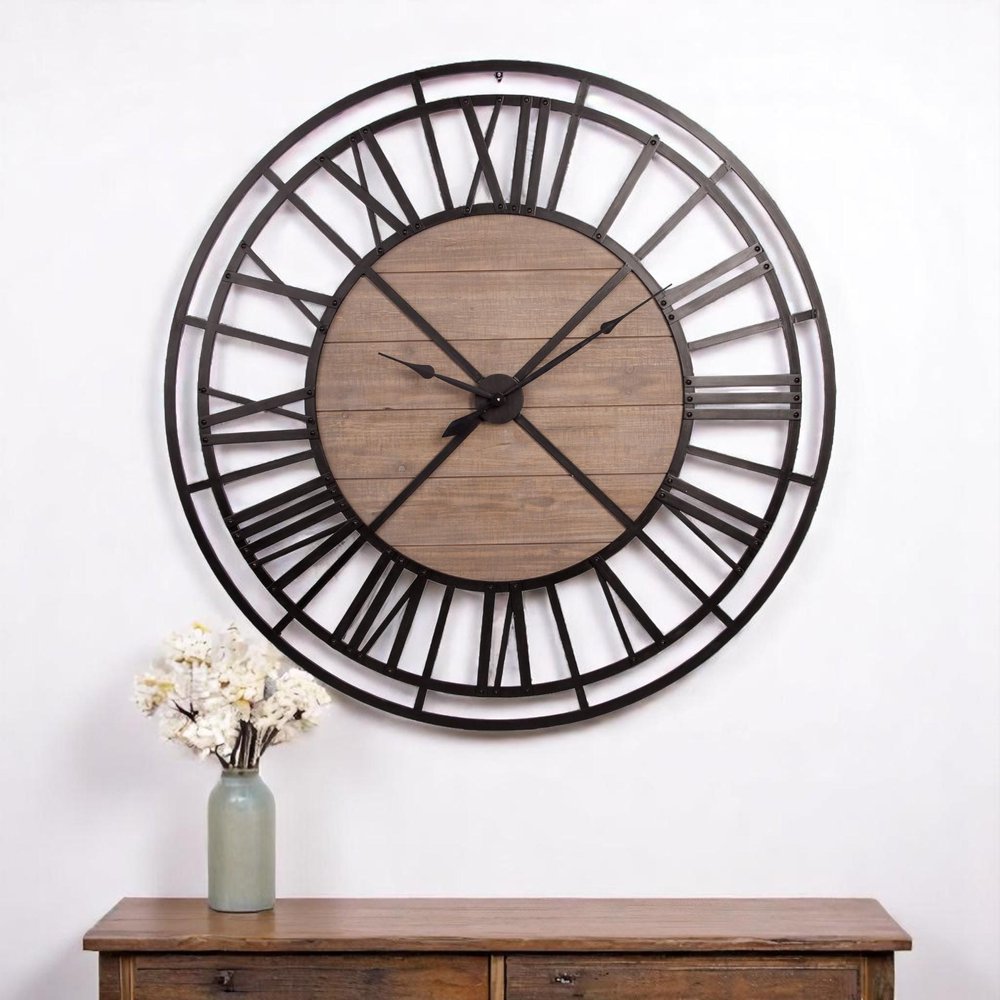 59" Black And Brown Metal and Solid Wood Skeleton Circle Wall Clock  Warm Home View