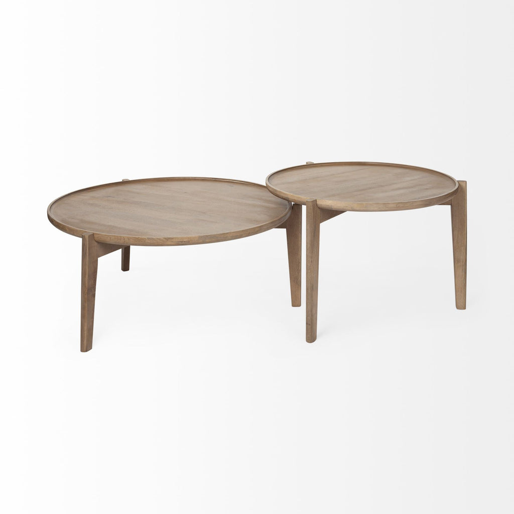 Set of Two Brown Solid Wood Round Nested Coffee Tables  Warm Home View