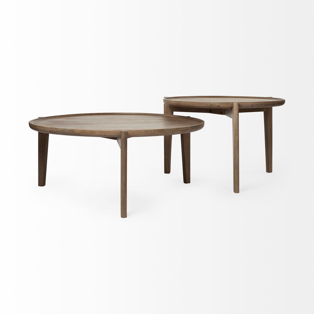 Set of Two Brown Solid Wood Round Nested Coffee Tables  Warm Home View