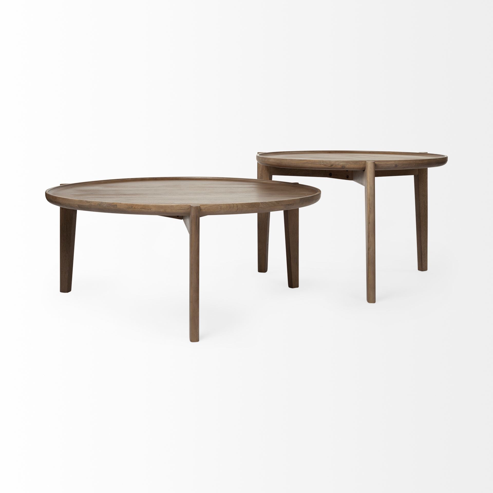 Set of Two Brown Solid Wood Round Nested Coffee Tables  Warm Home View