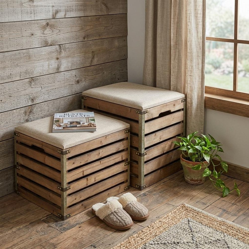 Set of Two Brown Wood Slat and Upholstery Storage Benches With Flip Top  Warm Home View