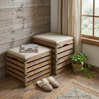 Set of Two Brown Wood Slat and Upholstery Storage Benches With Flip Top  Warm Home View
