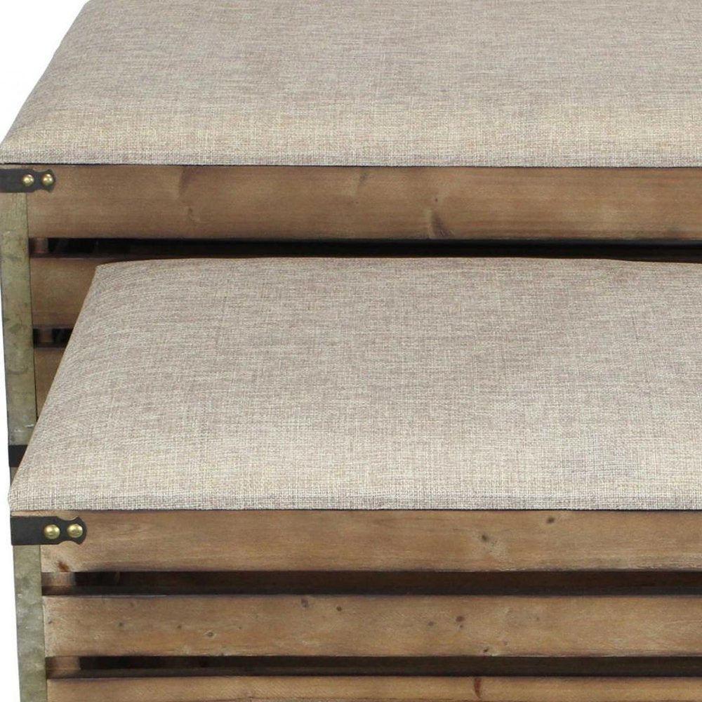 Set of Two Brown Wood Slat and Upholstery Storage Benches With Flip Top  Warm Home View