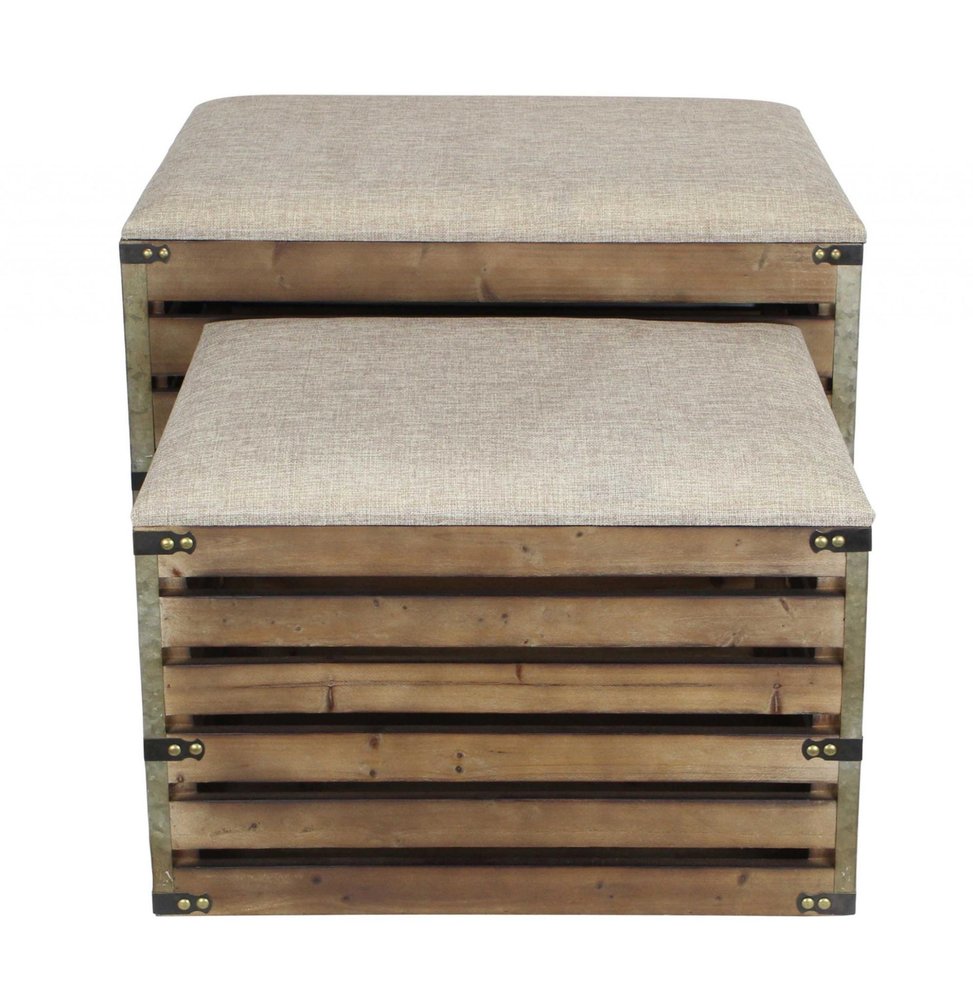 Set of Two Brown Wood Slat and Upholstery Storage Benches With Flip Top  Warm Home View