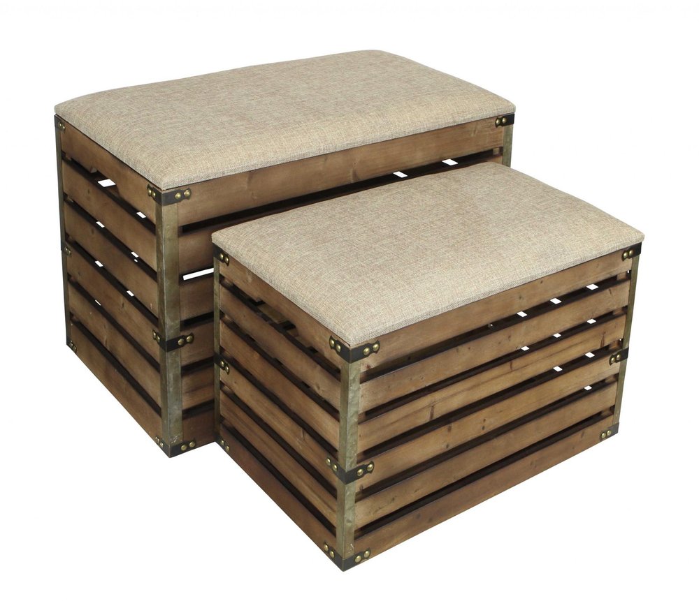 Set of Two Brown Wood Slat and Upholstery Storage Benches With Flip Top  Warm Home View