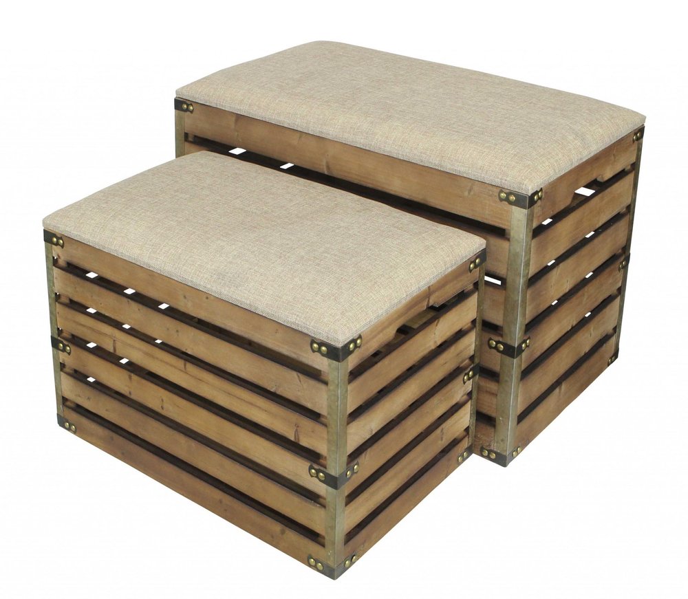 Set of Two Brown Wood Slat and Upholstery Storage Benches With Flip Top  Warm Home View