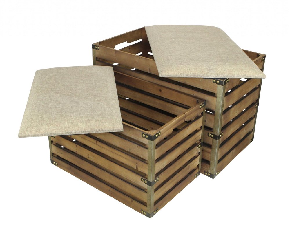 Set of Two Brown Wood Slat and Upholstery Storage Benches With Flip Top  Warm Home View