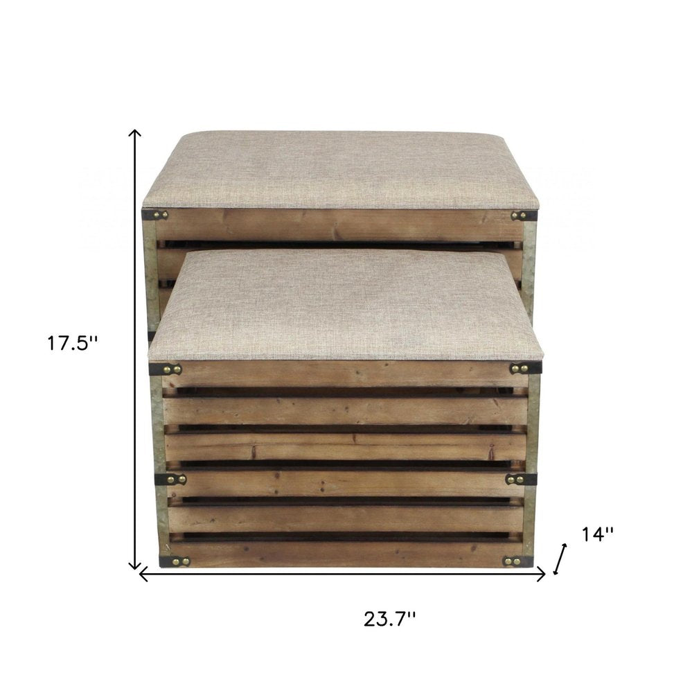 Set of Two Brown Wood Slat and Upholstery Storage Benches With Flip Top  Warm Home View