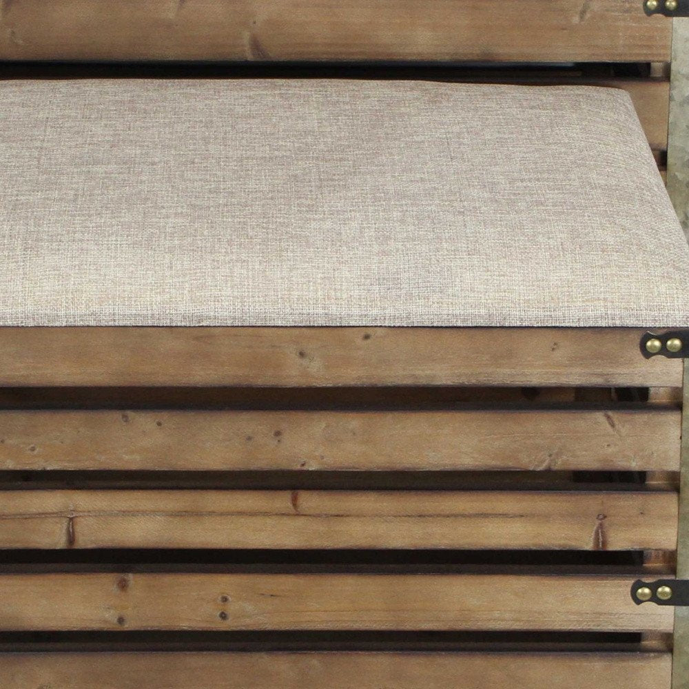 Set of Two Brown Wood Slat and Upholstery Storage Benches With Flip Top  Warm Home View