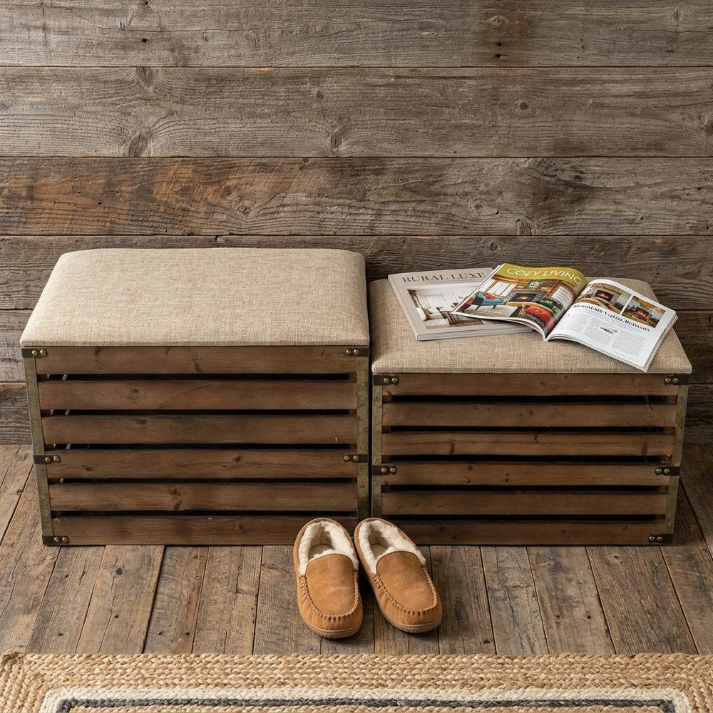 Set of Two Brown Wood Slat and Upholstery Storage Benches With Flip Top  Warm Home View