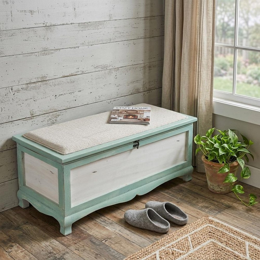 Rectangular Green Wooden With Seat Cushion And Inside Storage Bench  Warm Home View