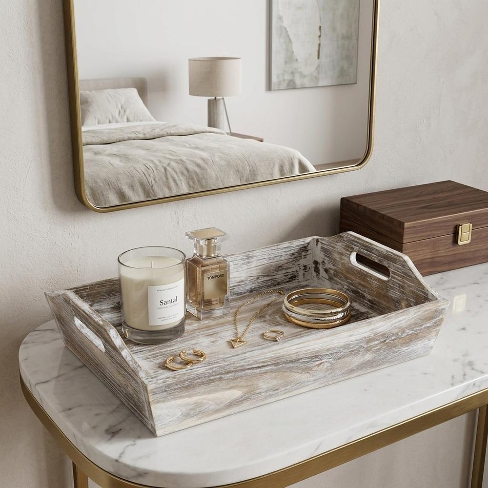 White Rustic Finish Wood Serving Tray With Handles  Warm Home View