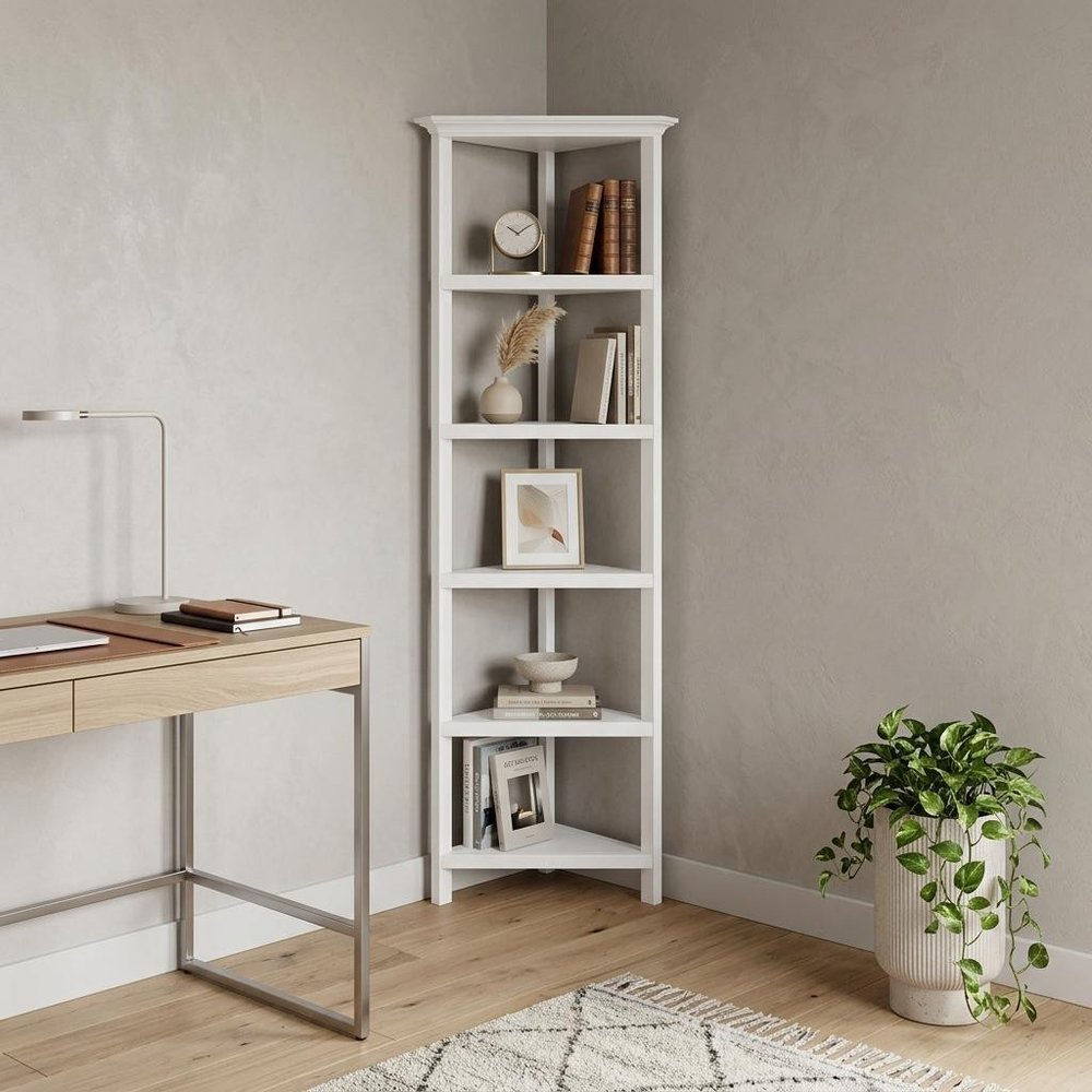 White Solid Wood Corner Bookcase  Warm Home View