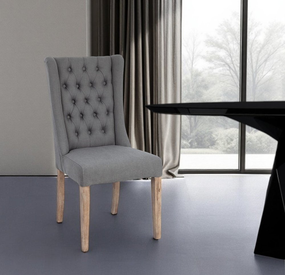 Tufted Gray and Brown Upholstered Linen Wing Back Dining Side Chair  Warm Home View