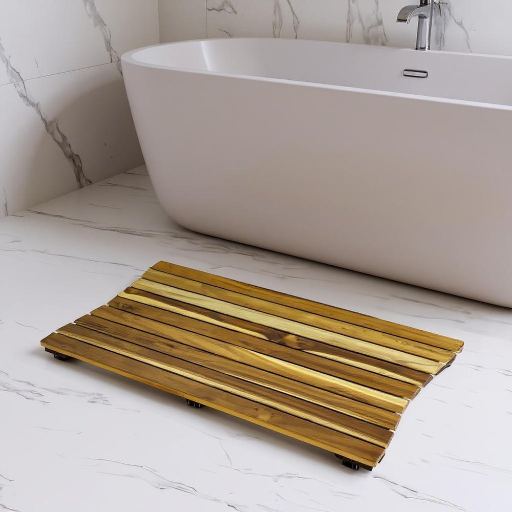 40" Brown Teak Slat Non Slip Bath Mat  Warm Home View