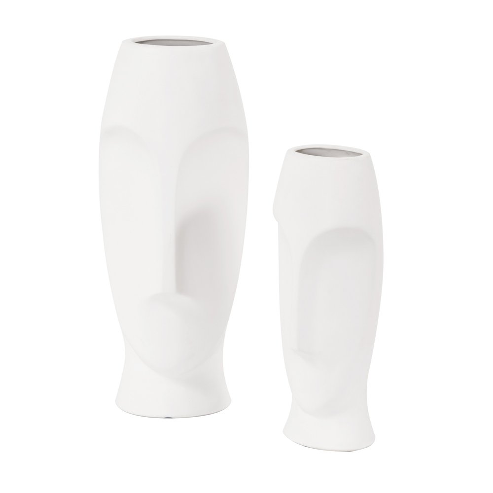 Set of Two Ceramic White Cylinder Table Vases  Warm Home View