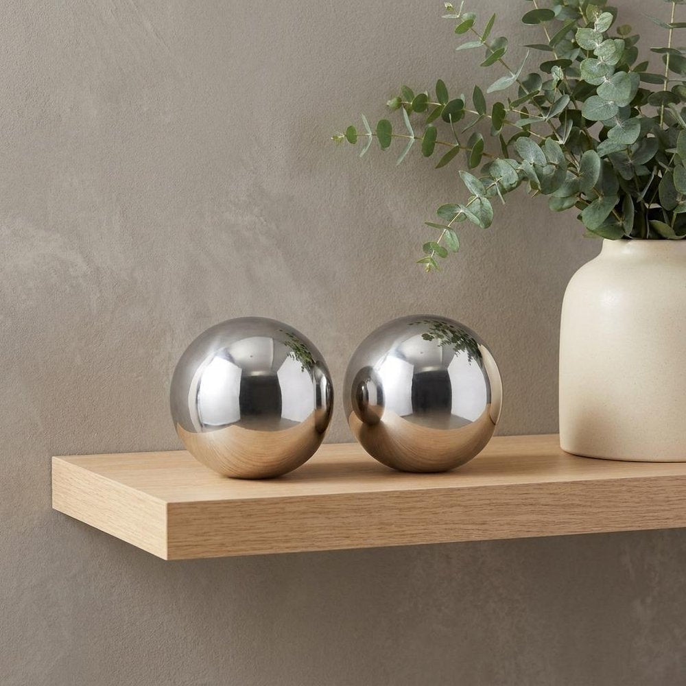 Set of Two Silver Buffed Aluminum Decorative Orb Tabletop Sculpture  Warm Home View