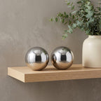 Set of Two Silver Buffed Aluminum Decorative Orb Tabletop Sculpture  Warm Home View