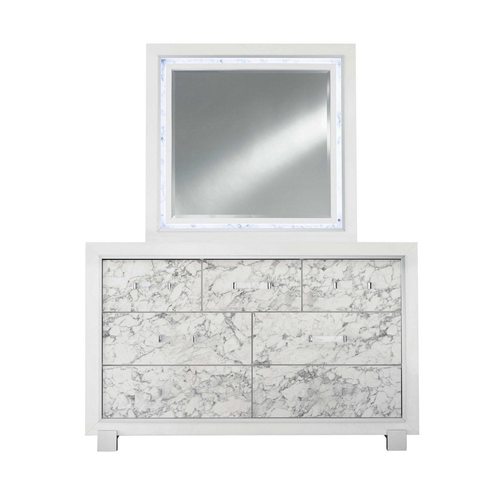 Modern White Dresser With 7 Faux Marble Detailed Front Drawer.  Warm Home View