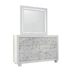 Modern White Dresser With 7 Faux Marble Detailed Front Drawer.  Warm Home View