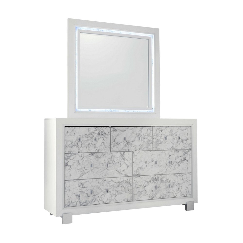 Modern White Dresser With 7 Faux Marble Detailed Front Drawer.  Warm Home View