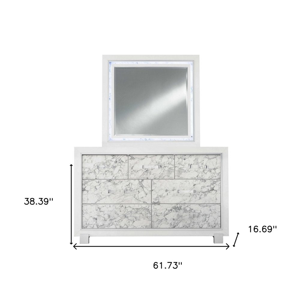 Modern White Dresser With 7 Faux Marble Detailed Front Drawer.  Warm Home View