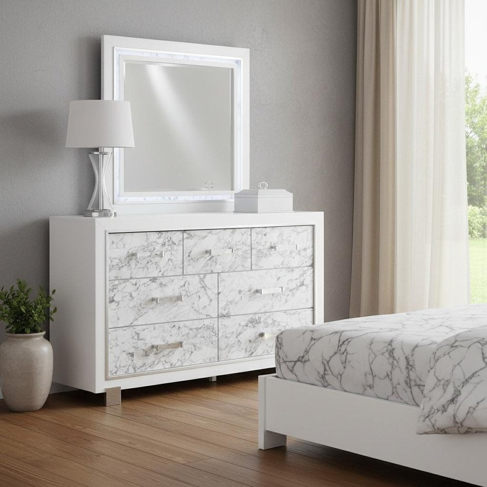 Modern White Dresser With 7 Faux Marble Detailed Front Drawer.  Warm Home View