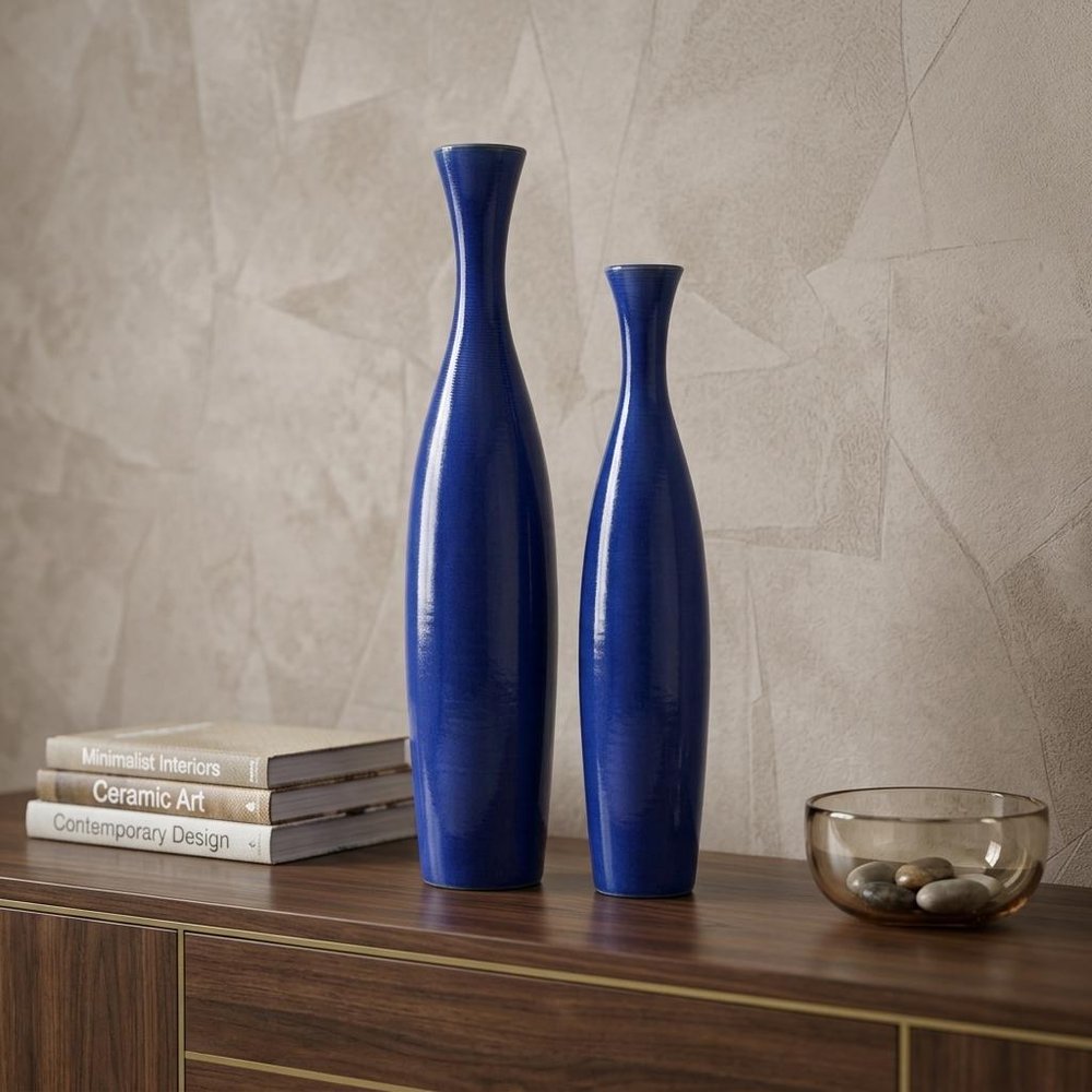 Set of Two Cobalt Cylinder Ceramic Table Vase  Warm Home View