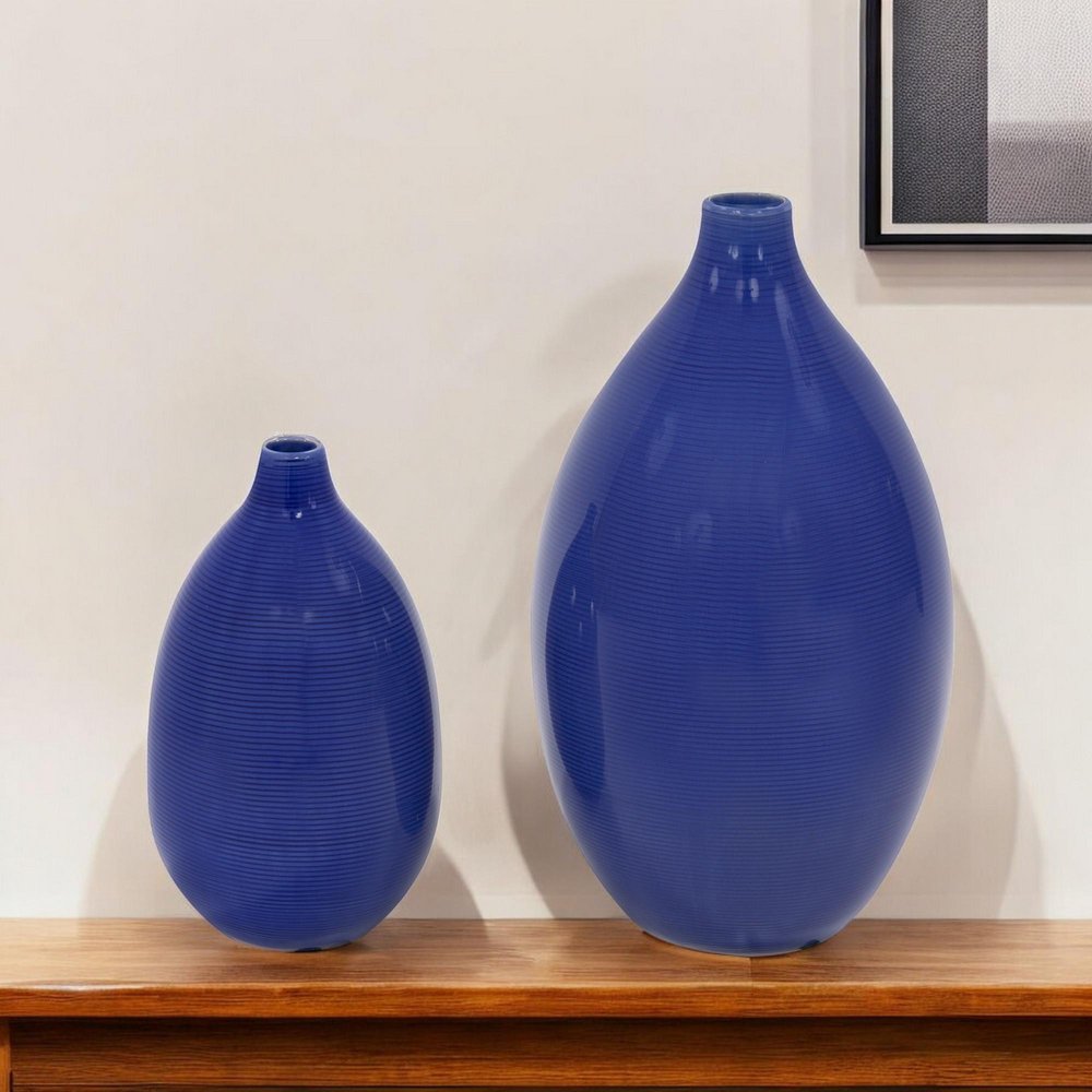 Set of Two Cobalt Ceramic Round Table Vases  Warm Home View