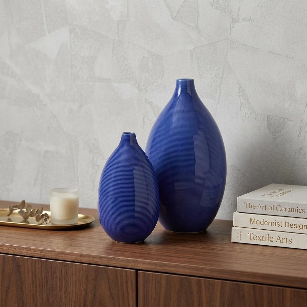 Set of Two Cobalt Ceramic Round Table Vases  Warm Home View