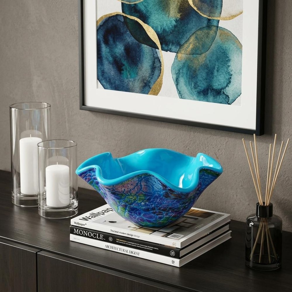 9" Modern Blue And Green Glass Centerpiece Bowl  Warm Home View