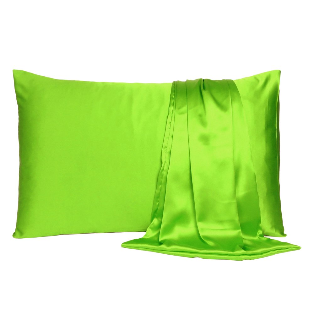 Set of Two Bright Green Dreamy Silky Satin King Pillowcases  Warm Home View
