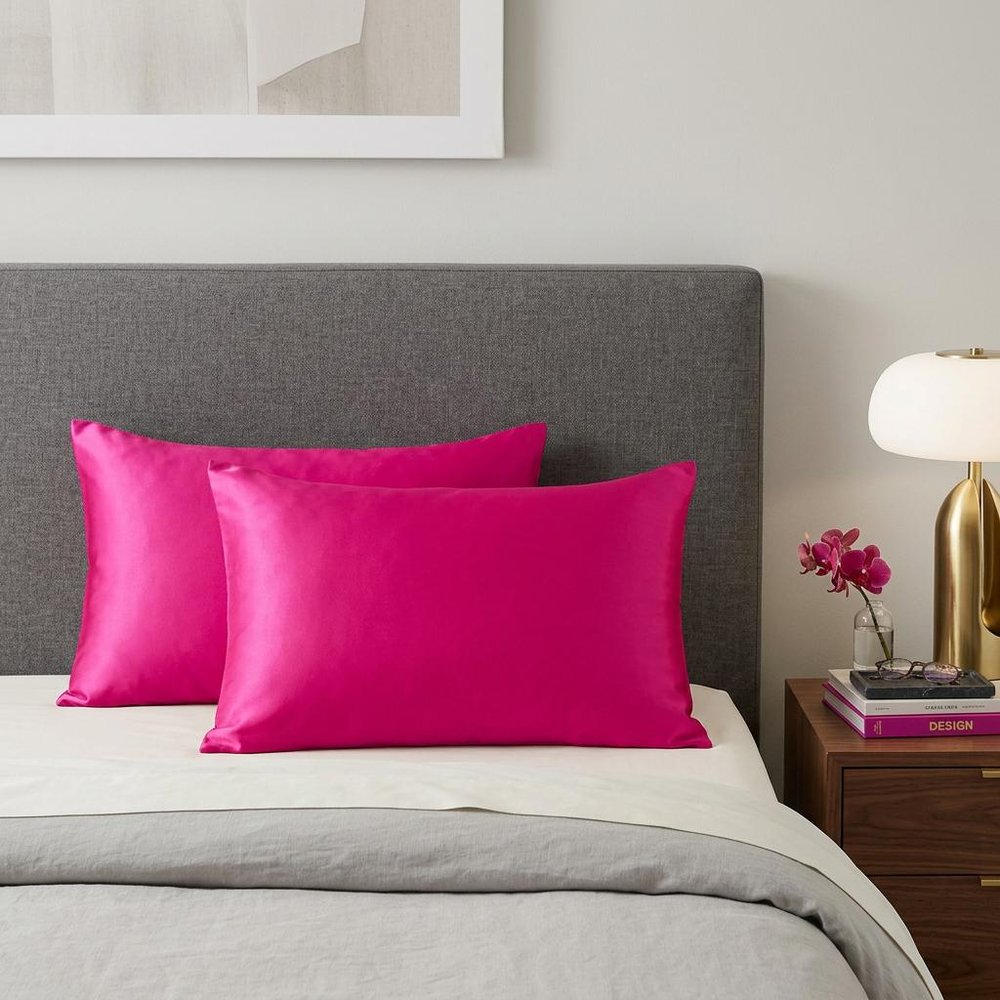 Two Piece Fuchsia Satin And Satin Pillowcases Envelope  Warm Home View