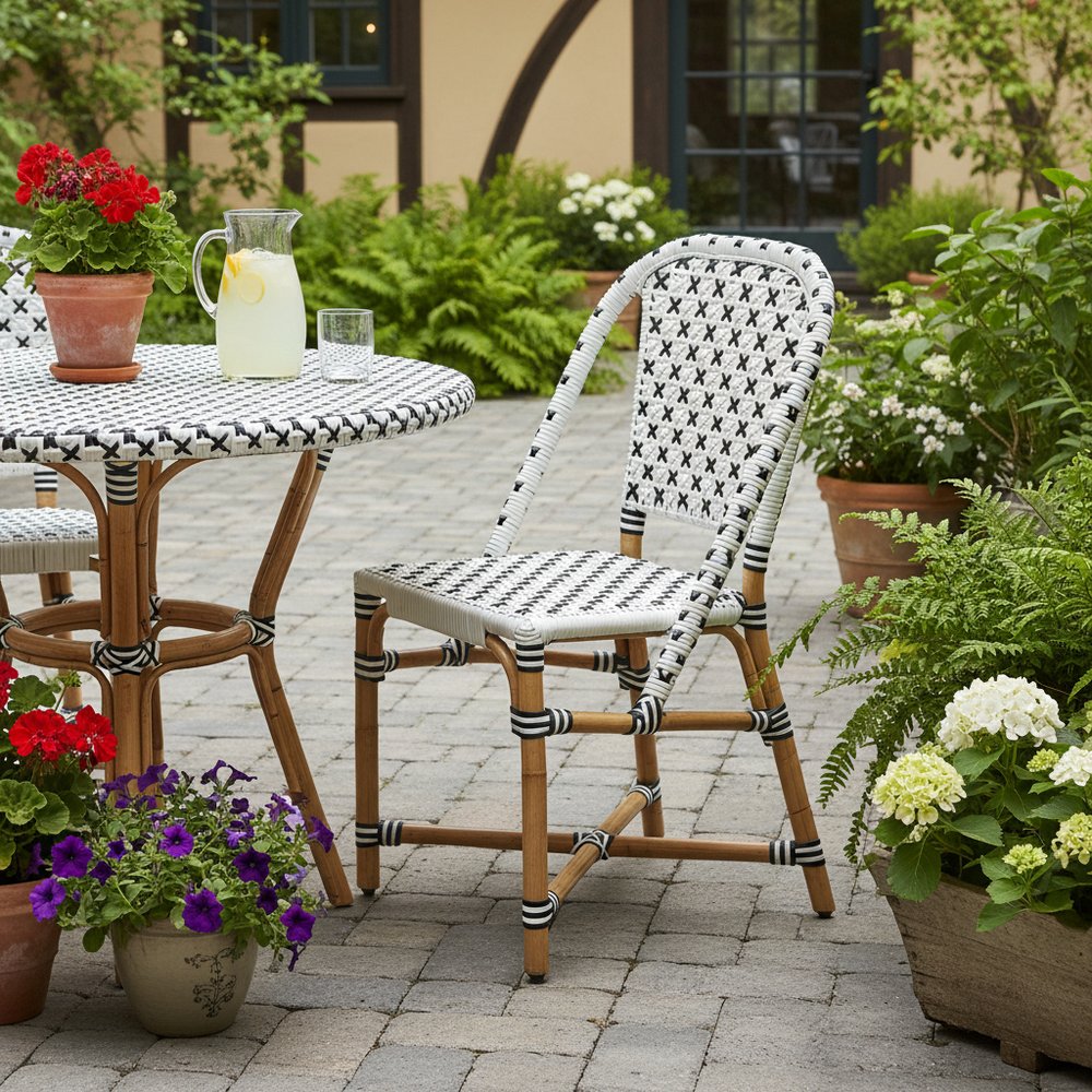 Black and White Woven Faux Rattan Armless Outdoor Dining Chair  Warm Home View