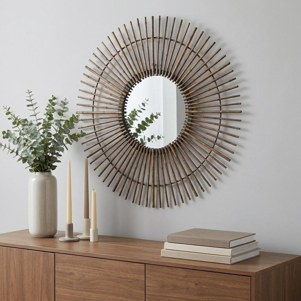 32" Gold Steel Sunburst Framed Accent Mirror  Warm Home View