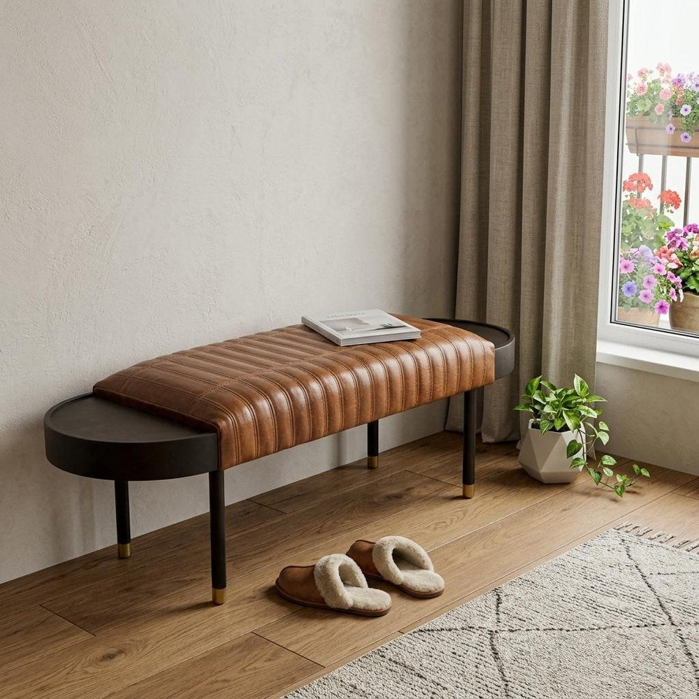 Warm Brown Leather And Solid Wood Bench  Warm Home View