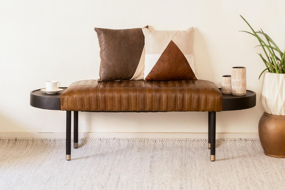 Warm Brown Leather And Solid Wood Bench  Warm Home View