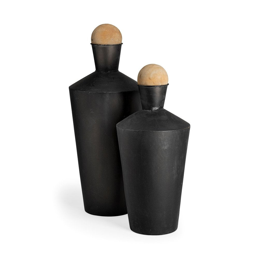 Set of Two Black and Brown Metal Cylindrical Urns  Warm Home View