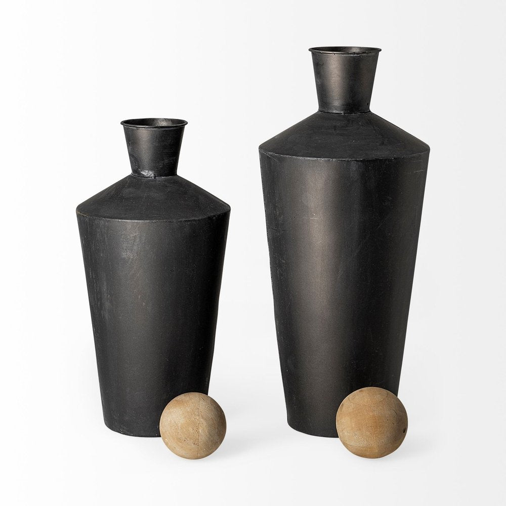 Set of Two Black and Brown Metal Cylindrical Urns  Warm Home View
