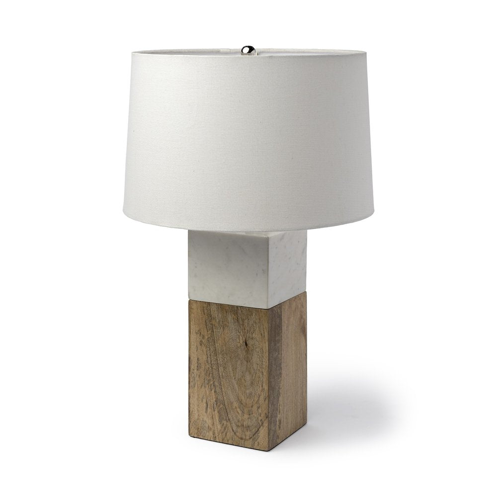 White Marble And Natural Wood Block Table Or Desk Lamp  Warm Home View