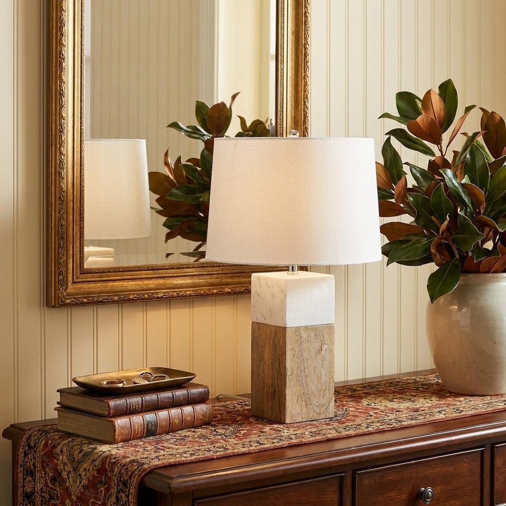 White Marble And Natural Wood Block Table Or Desk Lamp  Warm Home View
