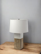 White Marble And Natural Wood Block Table Or Desk Lamp  Warm Home View
