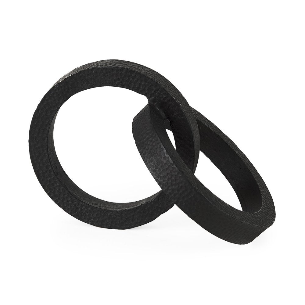 Two Ring Black Hammered Metal Sculpture  Warm Home View