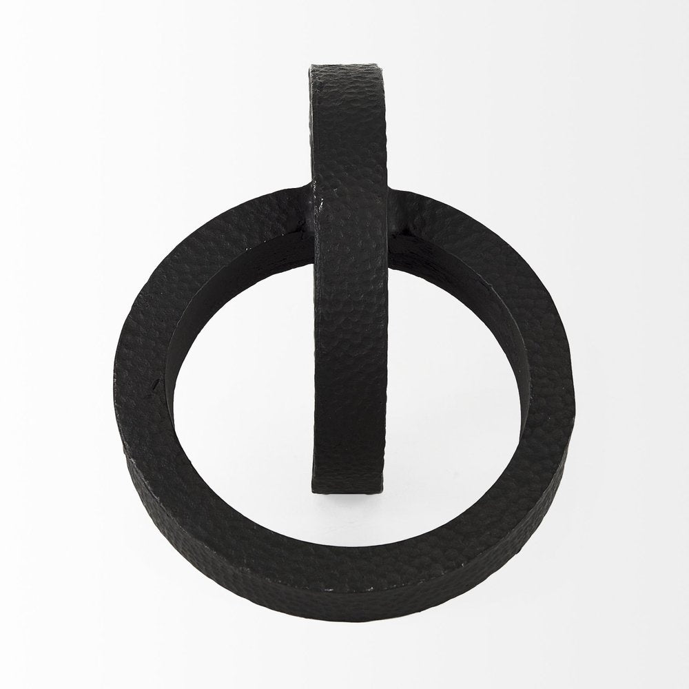 Two Ring Black Hammered Metal Sculpture  Warm Home View