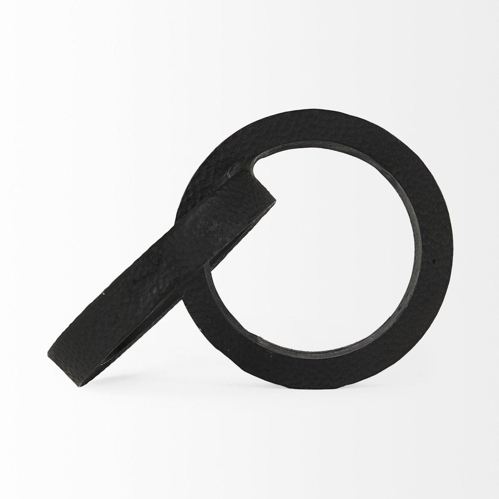 Two Ring Black Hammered Metal Sculpture  Warm Home View