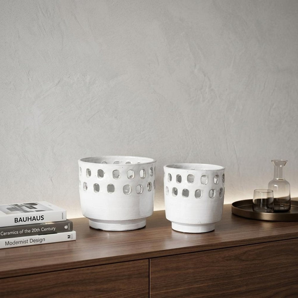 Set of Two White Abstract Cylinder Ceramic Table Vase  Warm Home View