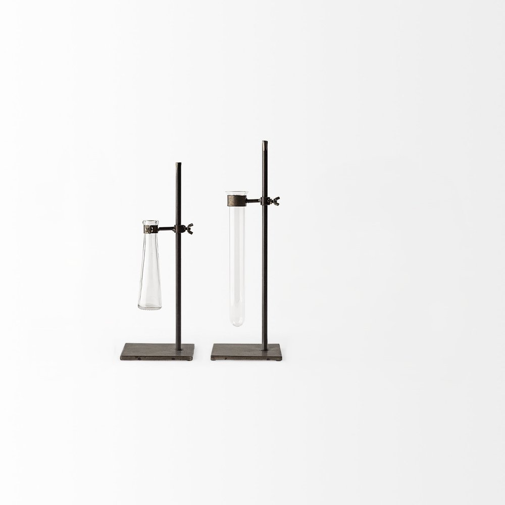 Set of Two Dark Brown Abstract Metal Cylinder Table Vases  Warm Home View